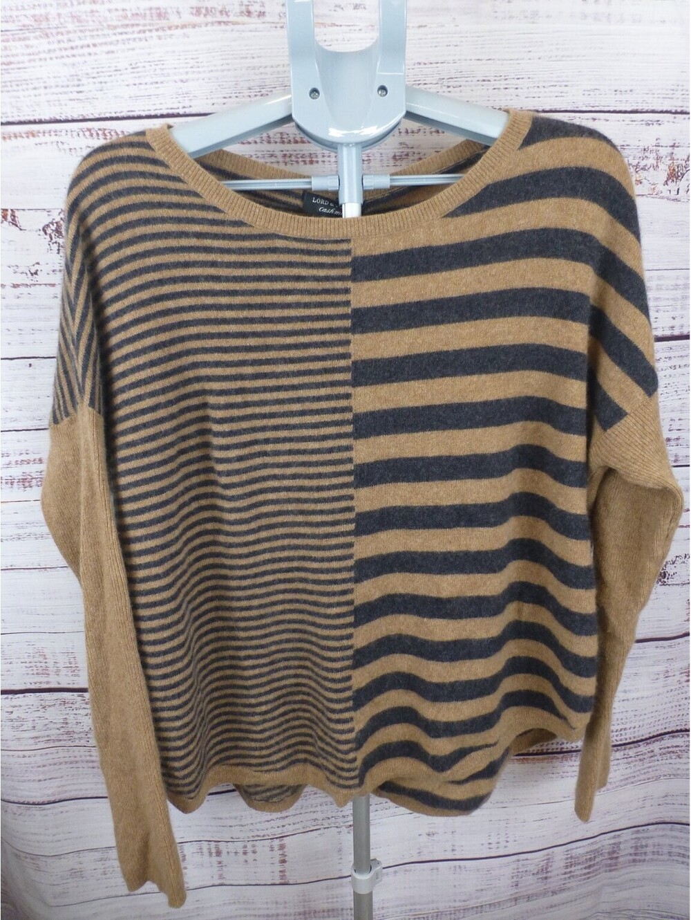 Lord & Taylor Cashmere Women's L/G Striped Dolman Sweater Tan 100% Cashmere J4